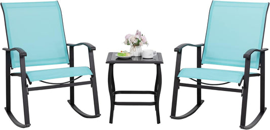 3 Piece Rocking Bistro Set, Outdoor Furniture with Rocker Chairs and Glass Coffee Table Set of 3, Balcony, Porch Furniture for Small Space, Blue-0