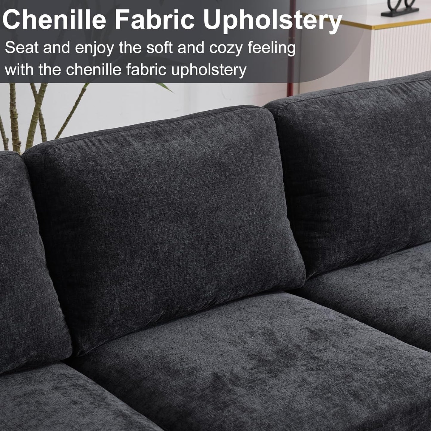 U-Shape Sectional Sofa Couch 111" Modern 4-Seat Sofa with Chaises Chenille Fabric Upholstered Covertible Couch with Wood Grain Legs for Living Room, Reception Room, Apartment, Black-2