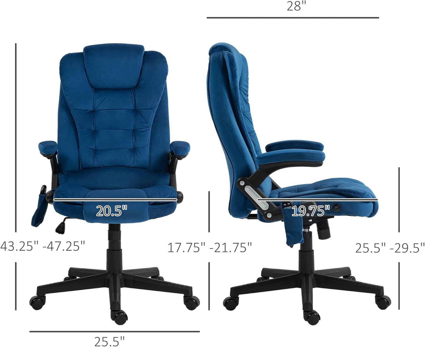 6 Point Vibrating Massage Office Chair with Heat, Velvet High Back Executive Office Chair with Reclining Backrest, Padded Armrests and Remote, Drak Blue-2