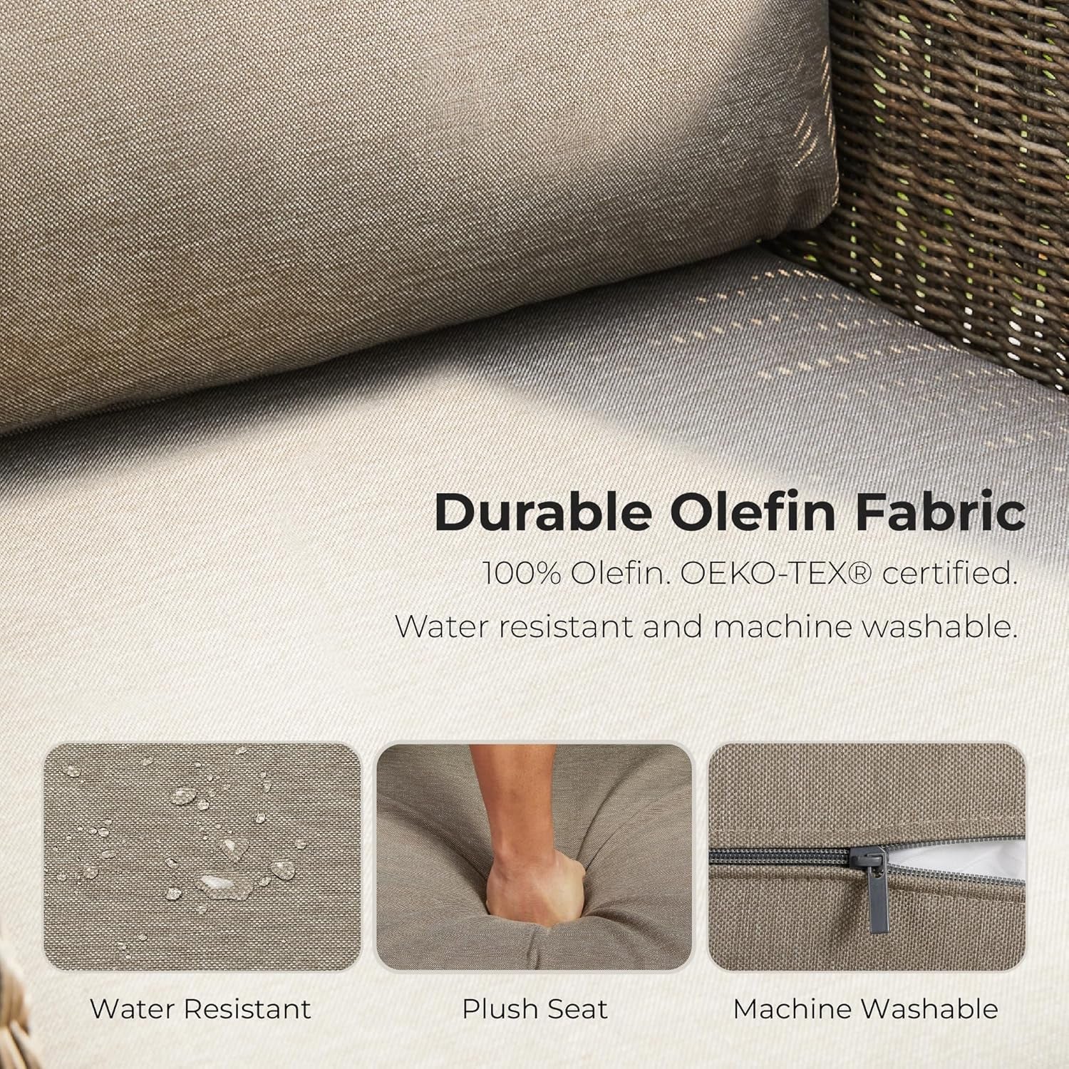 5 Pieces Patio Wicker Furniture Set, Outdoor Rattan Bistro Set with Removable Thickened Cushions, Fully Assembled(Gray Cushions with Brownish Gray Wicker)-3