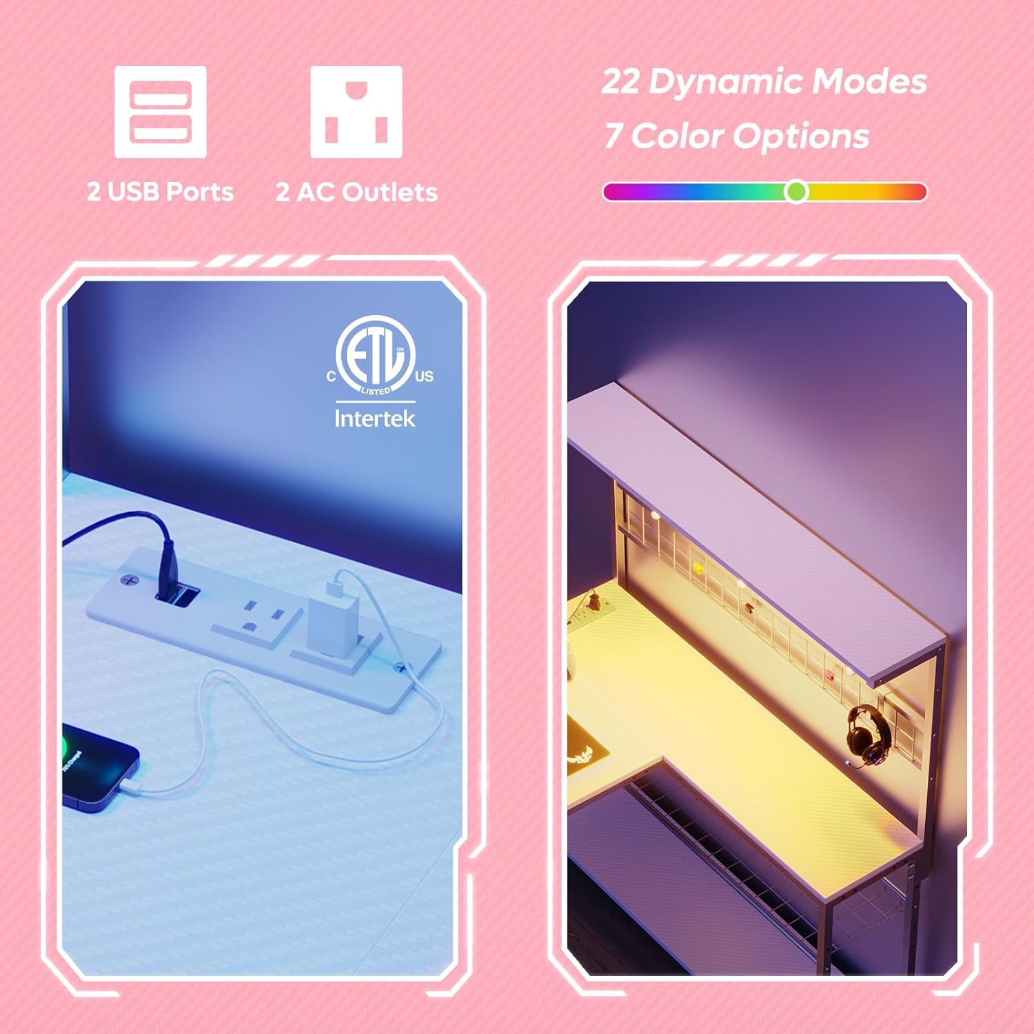 Gaming Desk 51" L-Shaped, with Power Outlets & LED Lights- 4 Tier Shelves, Reversible Gamer Table with Hooks & Cup Holder for Home Office,Carbon Fiber White-3