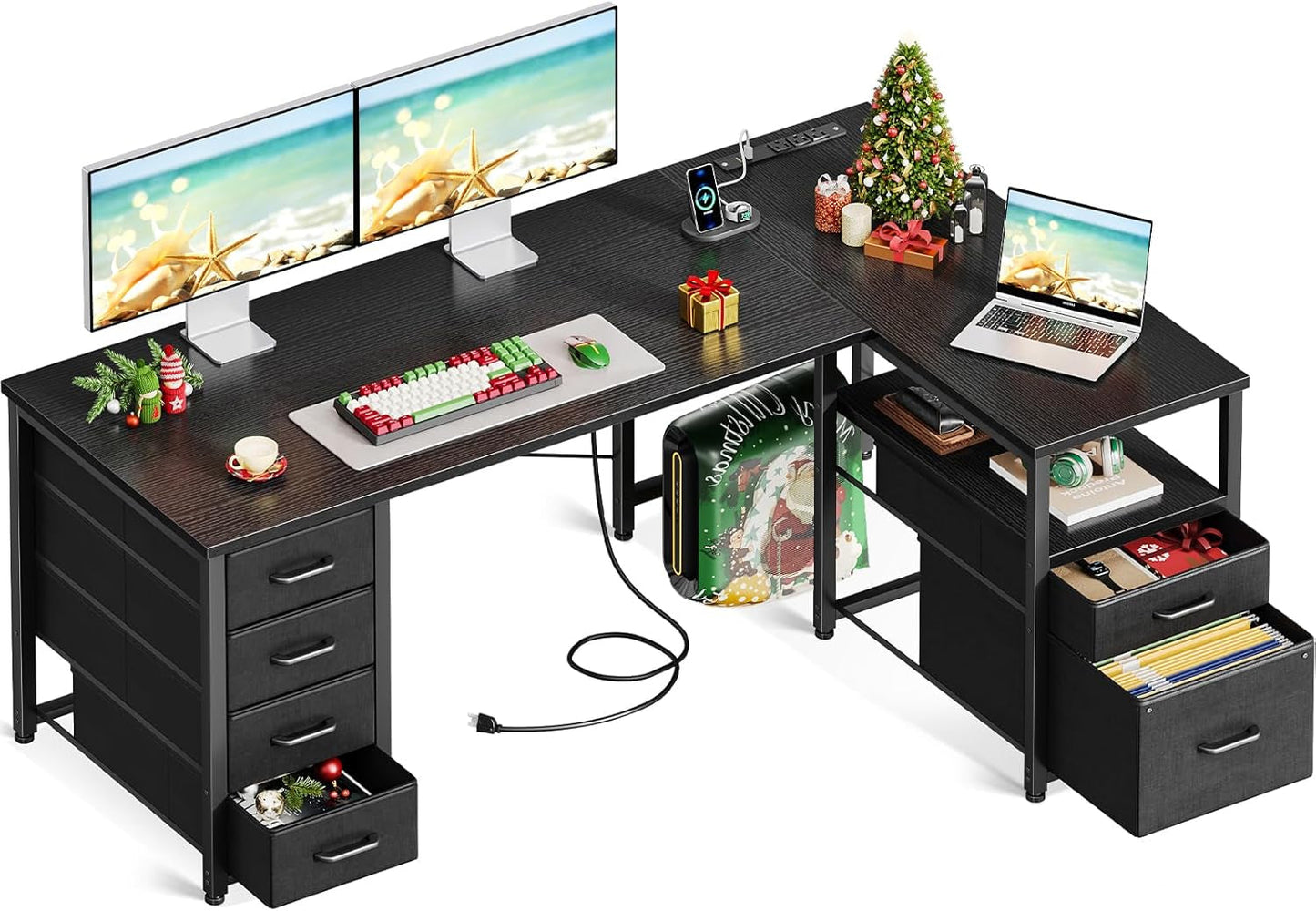 L Shaped Computer Desk with 6 Drawers & Power Outlet, 55 Inch Corner Desk with Reversible Storage Shelf & File Drawer, Home Office Desk, Black-0