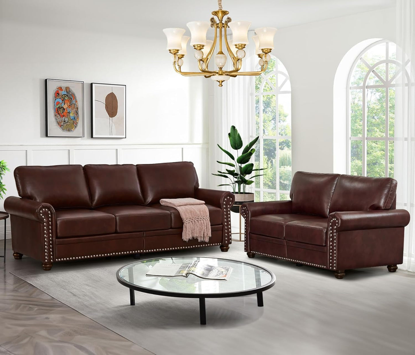 2-Piece Comfy Upholstered PU Leather Sofa Couch Set, Mid-Century Modern Loveseat Sofa+3 Seater Couch with Storage Space for Living Room, Furniture Set, Red Brown-0