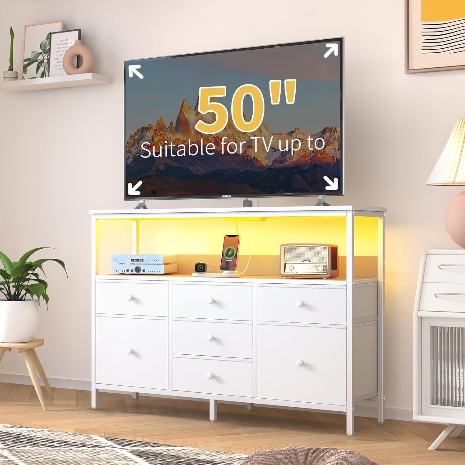 TV Stand Dresser for Bedroom, 7 Fabric Drawers Entertainment Center, LED Dressers with Power Outlets, TV Stands for Living Room with Storage Shelf, TV Console Entertainment Stand up to 50" TV-1