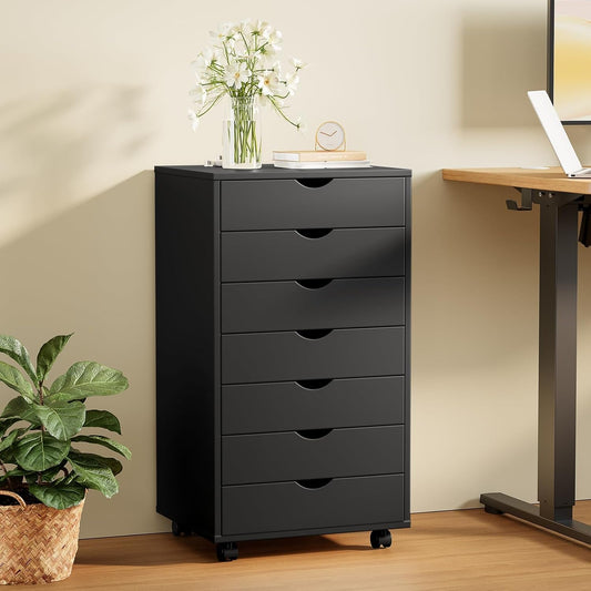 7 Drawer Chest Mobile Storage Cabinets Wooden Dresser with Wheels Room Organization Furniture for Office Home, Black Wood-1
