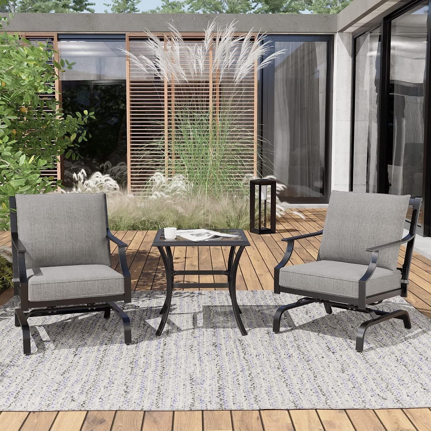 3-Piece Furniture Seating Motion Chairs Set Outdoor Bistro Set Patio Conversation Sets Glider Rocking Chair with Comfortable Gray Cushions Square Coffee Table for Garden Lawn & Poolside-0