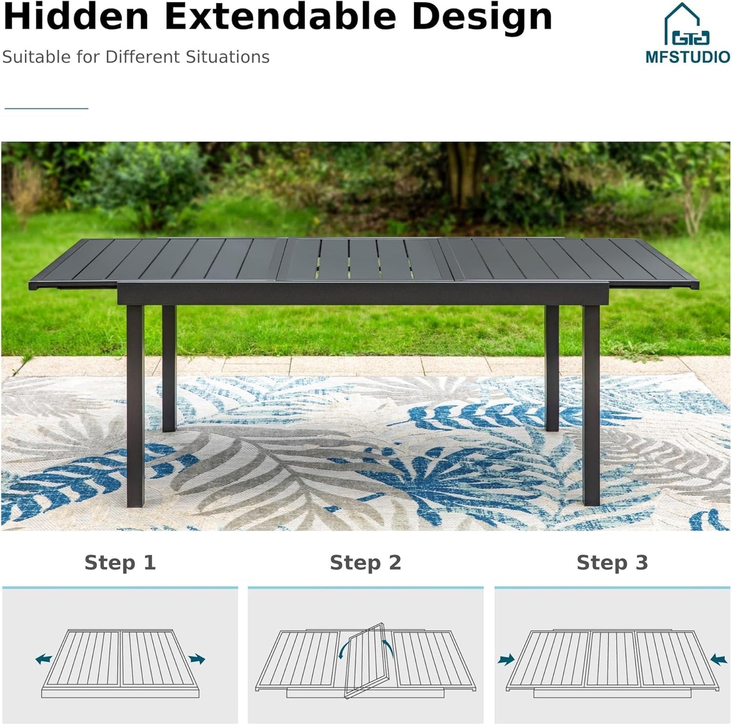 9-Piece Metal Outdoor Patio Dining Furniture Set 8 Sling Dining Swivel Chairs and 1 Expandable Outdoor Dining Rectangle Table, Blue-2