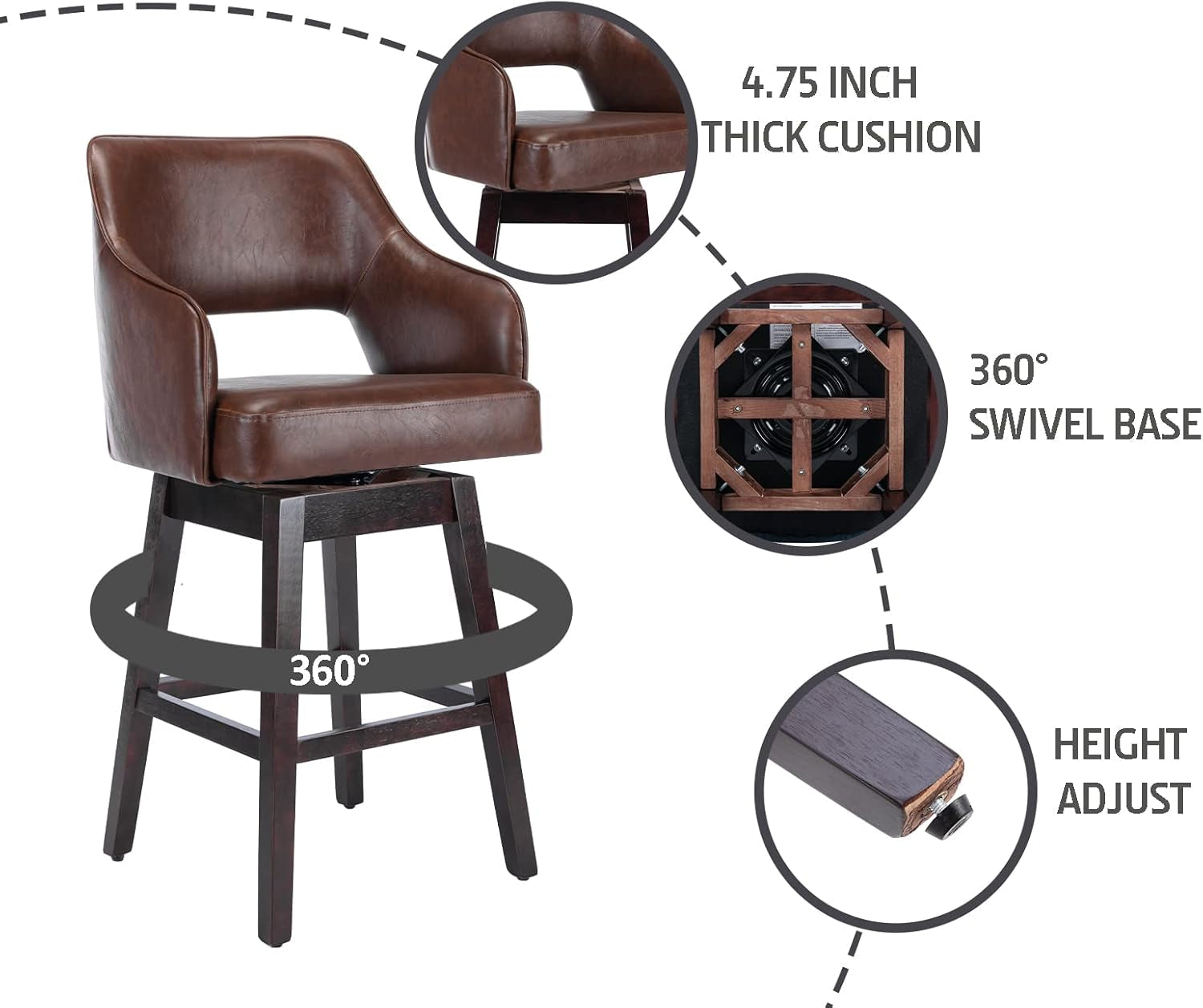 28" PU Leather Counter Height Bar Stool Swivel Farmhouse Bar Stool with Wood Legs Open Back Footrest for Kitchen Island, Brown-3