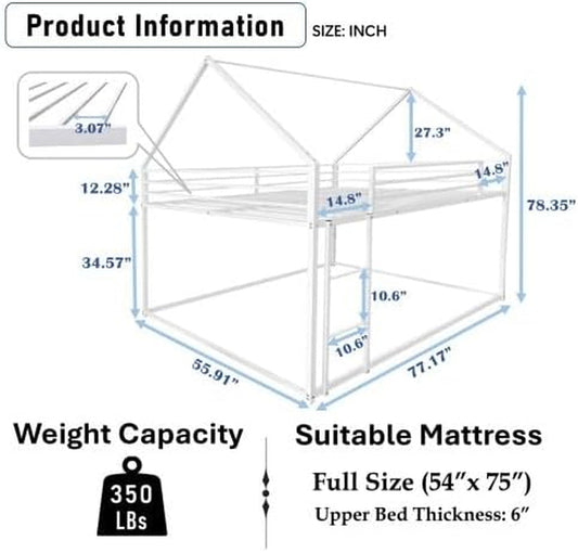 Full over Full Metal Floor Bunk Bed with Safety Guardrails and Roof Design for Kids,Girls, Boys,House Shaped Bunk Bed Frame,No Box Spring Required,White-1