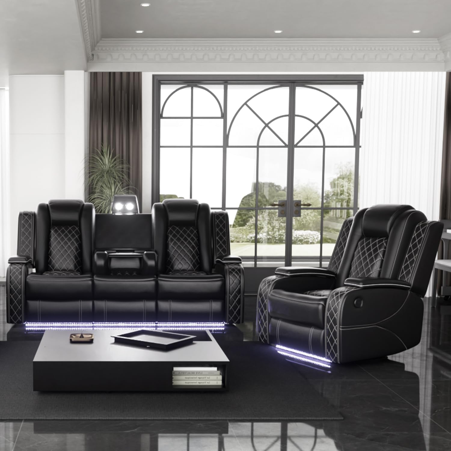 Power Black Leather Reclining Sofa Set with LED Light for Living Room Set，Theater Seat Recliner Chair 3 Seats Double Recliner Sofa with Drop-Down Table/Read Light/Wireless Charge/Usb Port-0