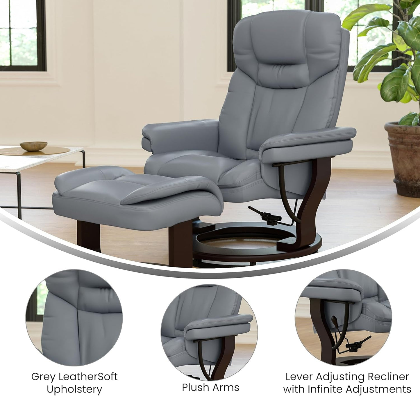 Allie Contemporary Multi-Position Recliner and Curved Ottoman with Swivel Mahogany Wood Base in Gray Leathersoft-3