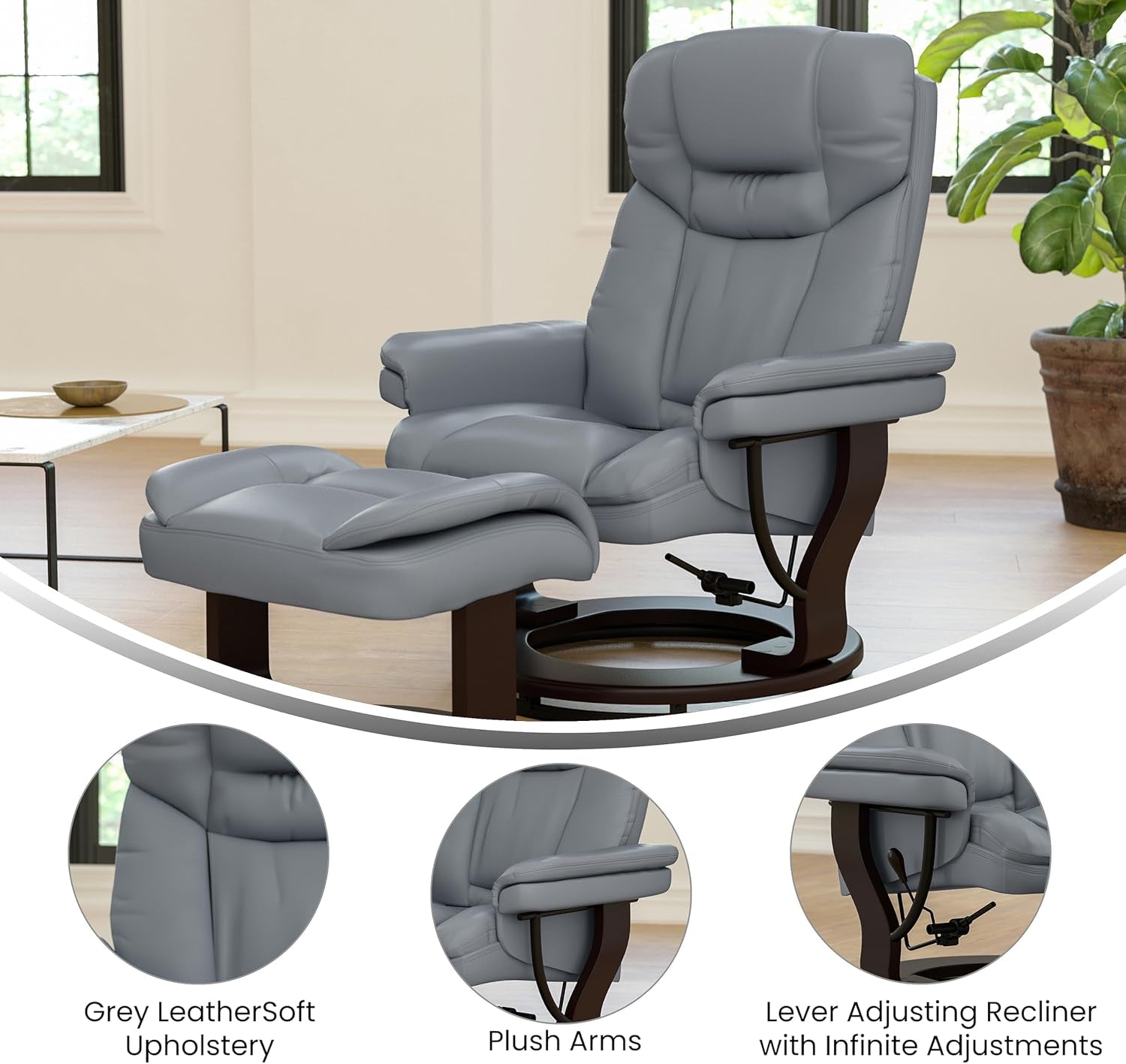 Allie Contemporary Multi-Position Recliner and Curved Ottoman with Swivel Mahogany Wood Base in Gray Leathersoft-3