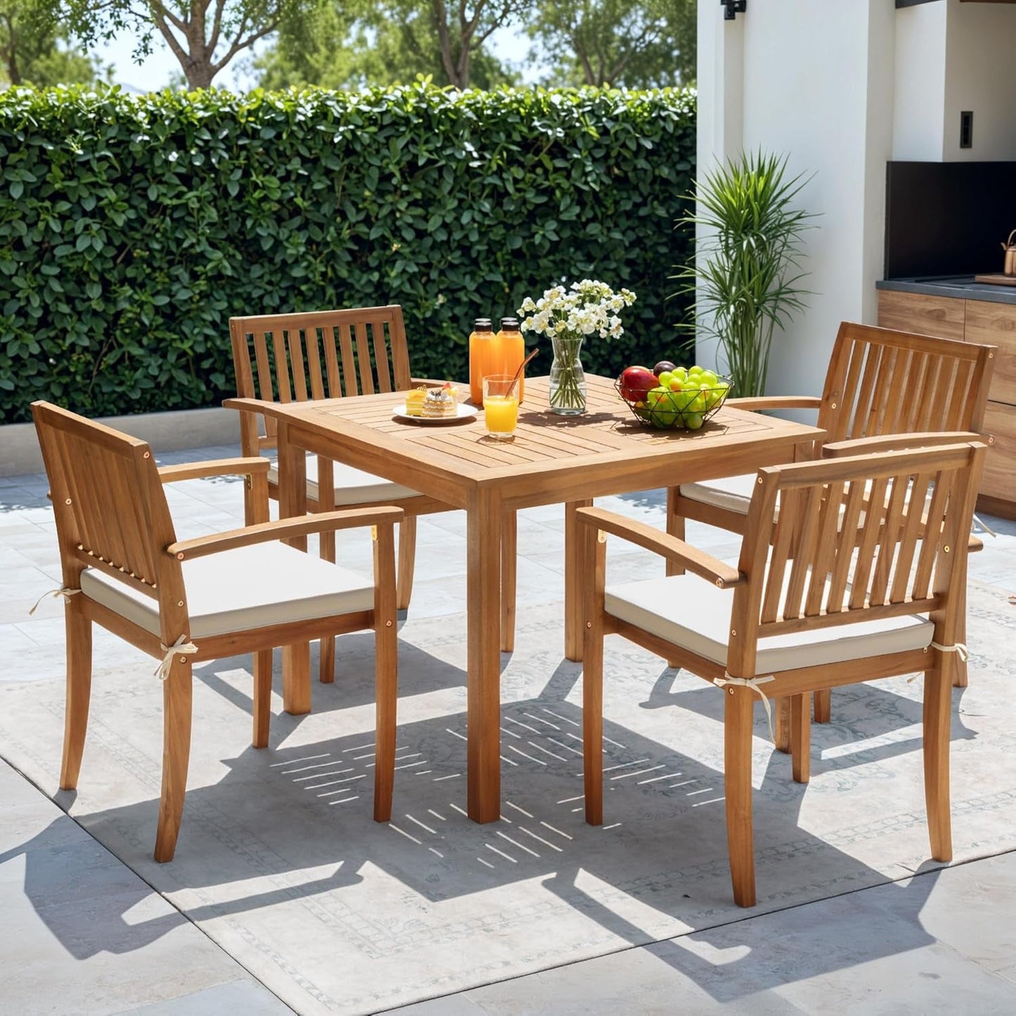 5 Piece Patio Dining Set Outdoor Solid Wood Furniture for Yard, Garden, Porch W/Square Tabletop & 4 Chairs, White-2