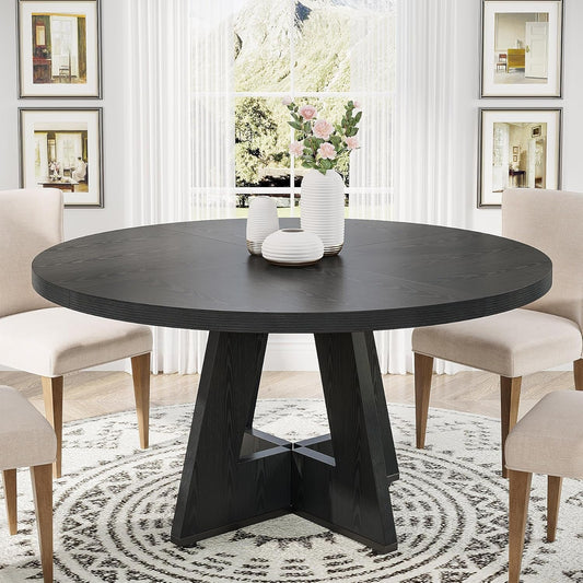 round Dining Table Wood Kitchen Table for Dining Room Living Room, 47 in Dinning Room Tables for 4 Man, Farmhouse Dinner Table with Wooden Tabletop and Cross Base, Black(Only Table)-0