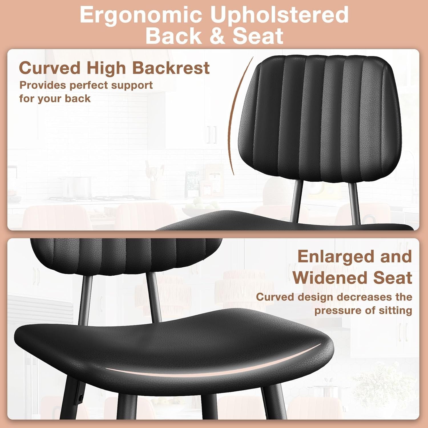 Bar Stools Set of 2, 24.6 Inch Counter Height Barstools, High Backrest Faux Leather Upholstered Counter Stools with Armless Footrest Modern Bar Chairs Tall Pub Stools for Kitchen Dining,Black-2
