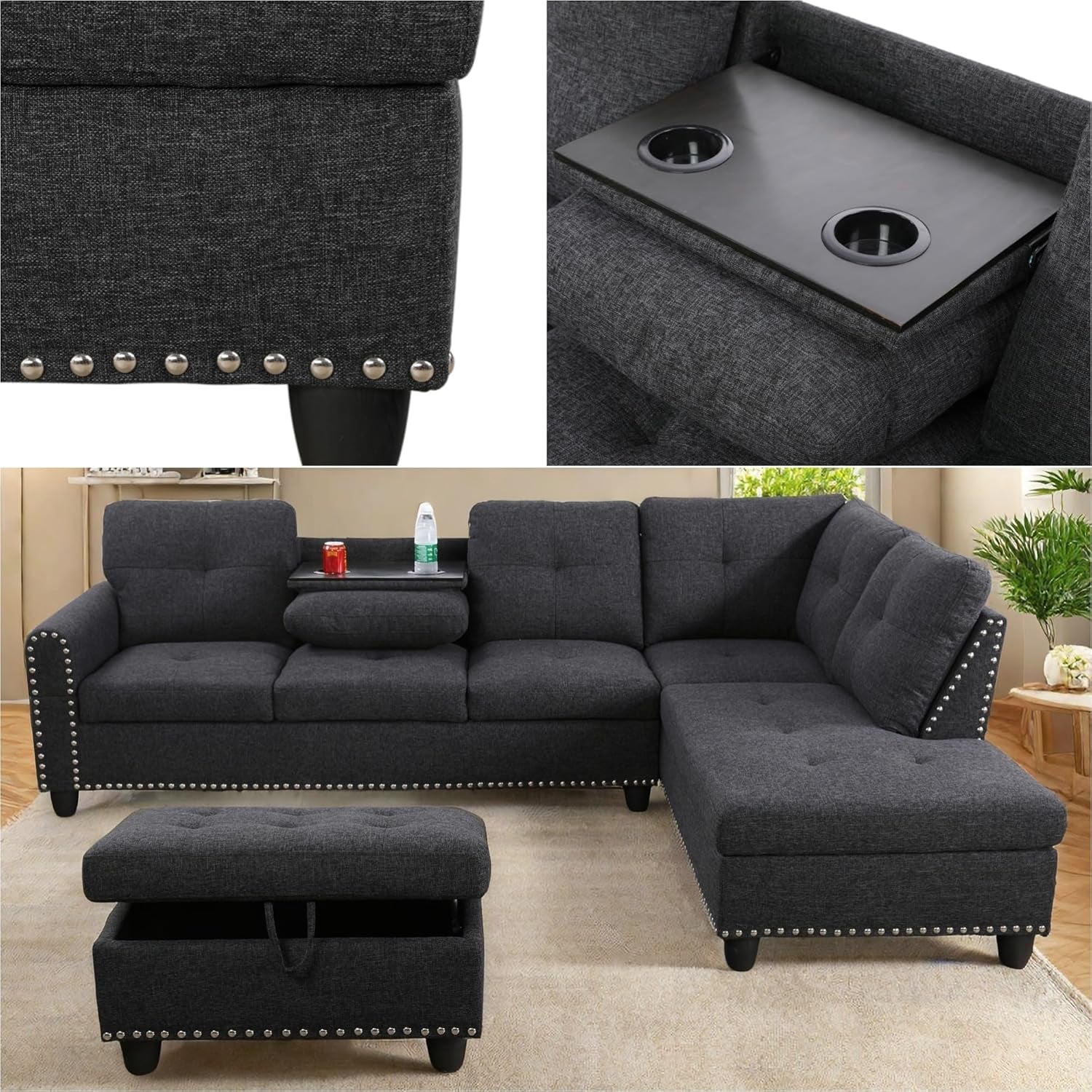 L Shaped Sectional Couches, Modular Sectional Sofa with Ottoman Storage, Nail-Head Design Lounge Sofa with Reversible Cup Holder for Living Room, Bedroom, Gray-4