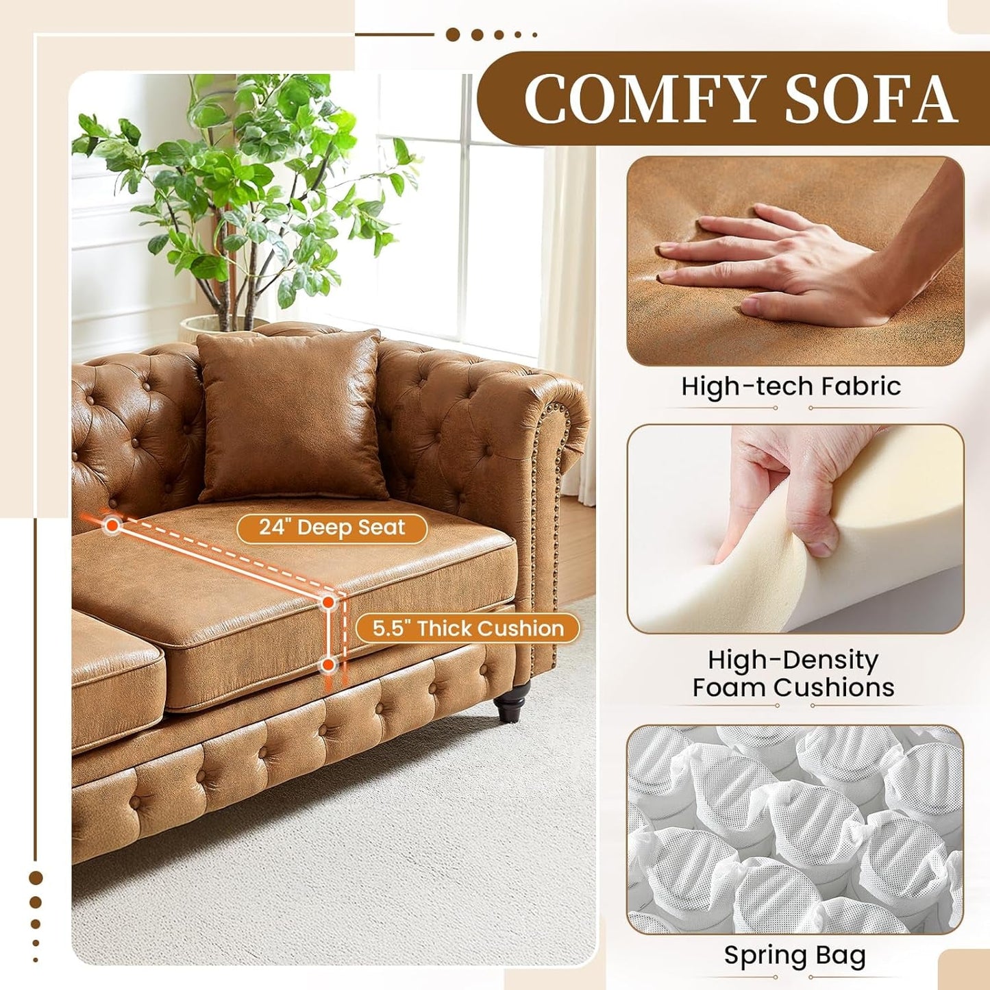 2 Piece Living Room Sofa Set,Button Tufted Couch and Loveseat Set with Nailhead Trim&Roll Armrest,Upholstered Mid Century Modern Couch,Chesterfield Sofa for Living Room,Office(Loveseat+3 Seater,Brown)-2