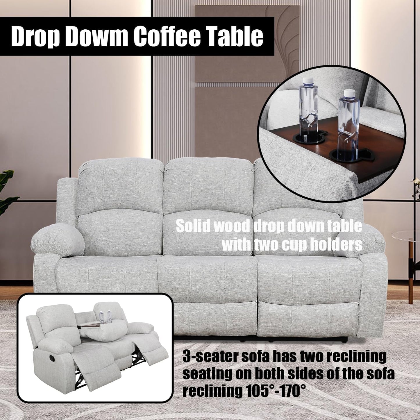 Recliner Sofa Set for Living Room Furniture Set, Reclining Sofa and Loveseat Set for Reclinier Sofa with Drop down Table/Double Recliner Loveseat with Storage Console/Grey Linen-2