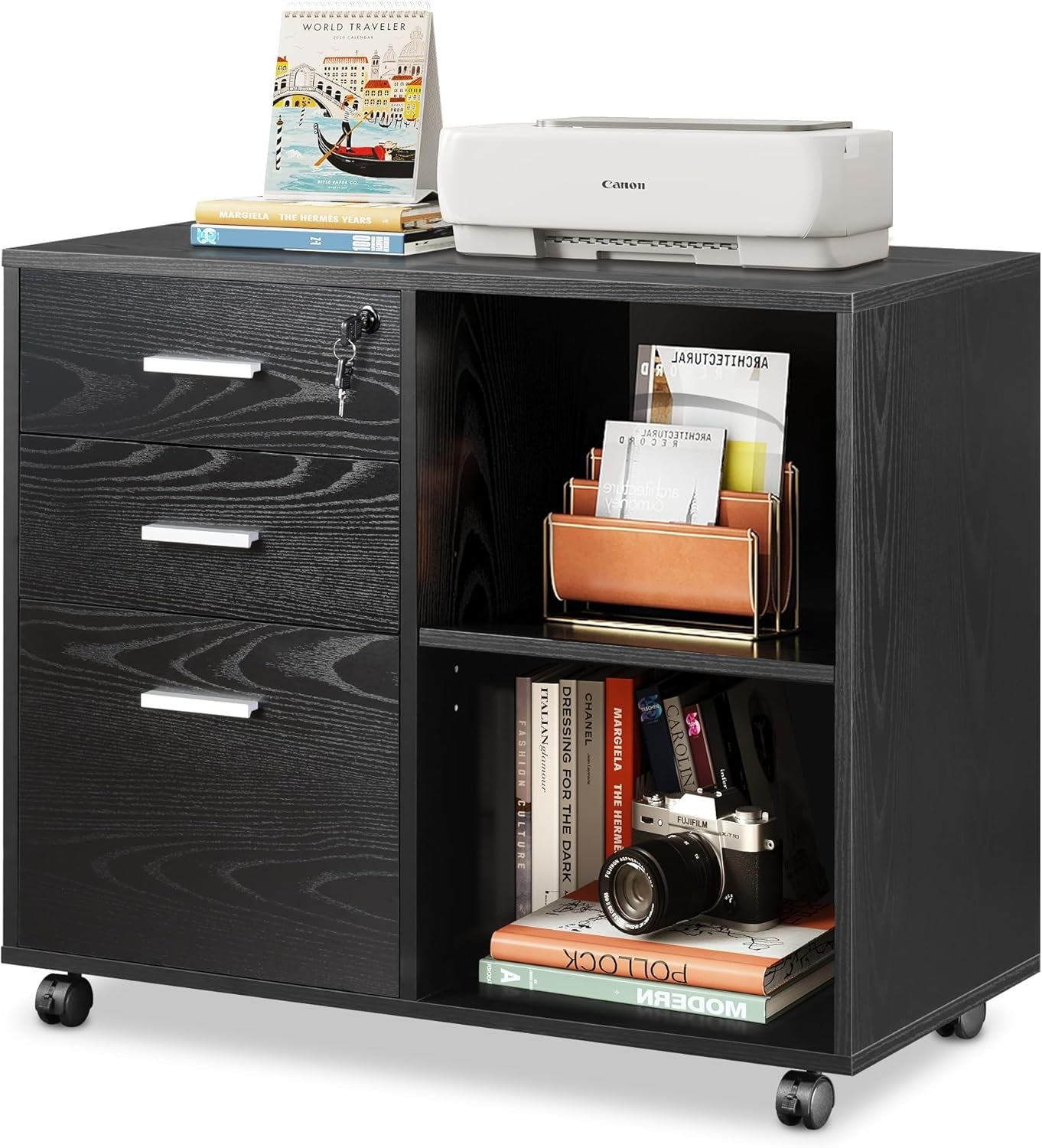 3-Drawer Wood File Cabinet with Lock, Mobile Lateral Filing Cabinet, Black-0