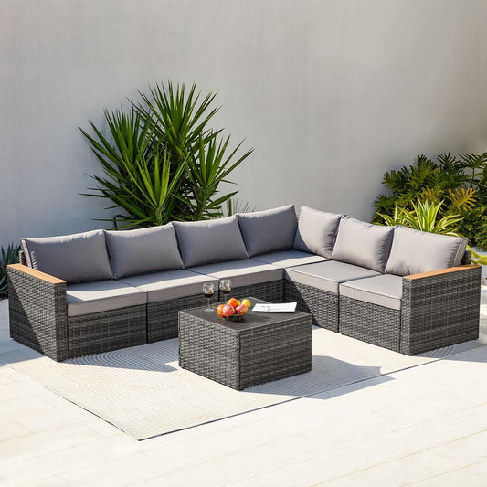 Patio Furniture Set 7 Pieces Outdoor Furniture Patio Conversation Sets with Cushions & Pillows PE Ratten Wicker Sectional Sofa Chair with Coffee Table for outside Porch Poolside Deck-0