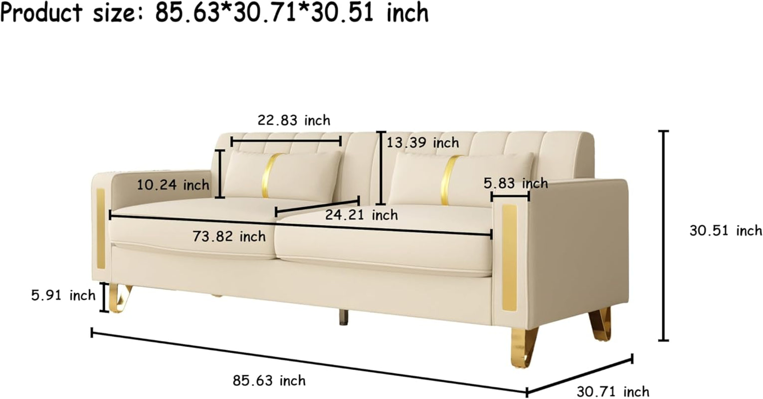 Loveseat Couch for Living Room, 86" Beige Velvet Sofa Couch with 2 Pillows & Gold Metal Legs, Modern Upholstered Sofa Love Seat Sectional Couches for Apartment Home Office-1