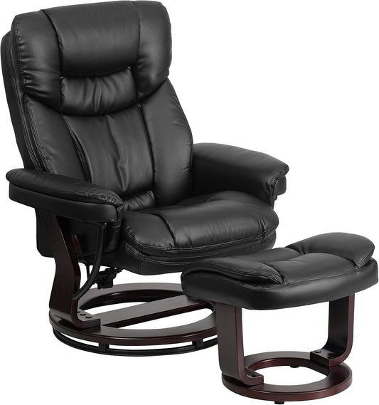 Allie Leathersoft Upholstered Recliner with Footrest, Arms, and Headrest, Padded Swivel Recliner Chair and Ottoman Set, Black-0
