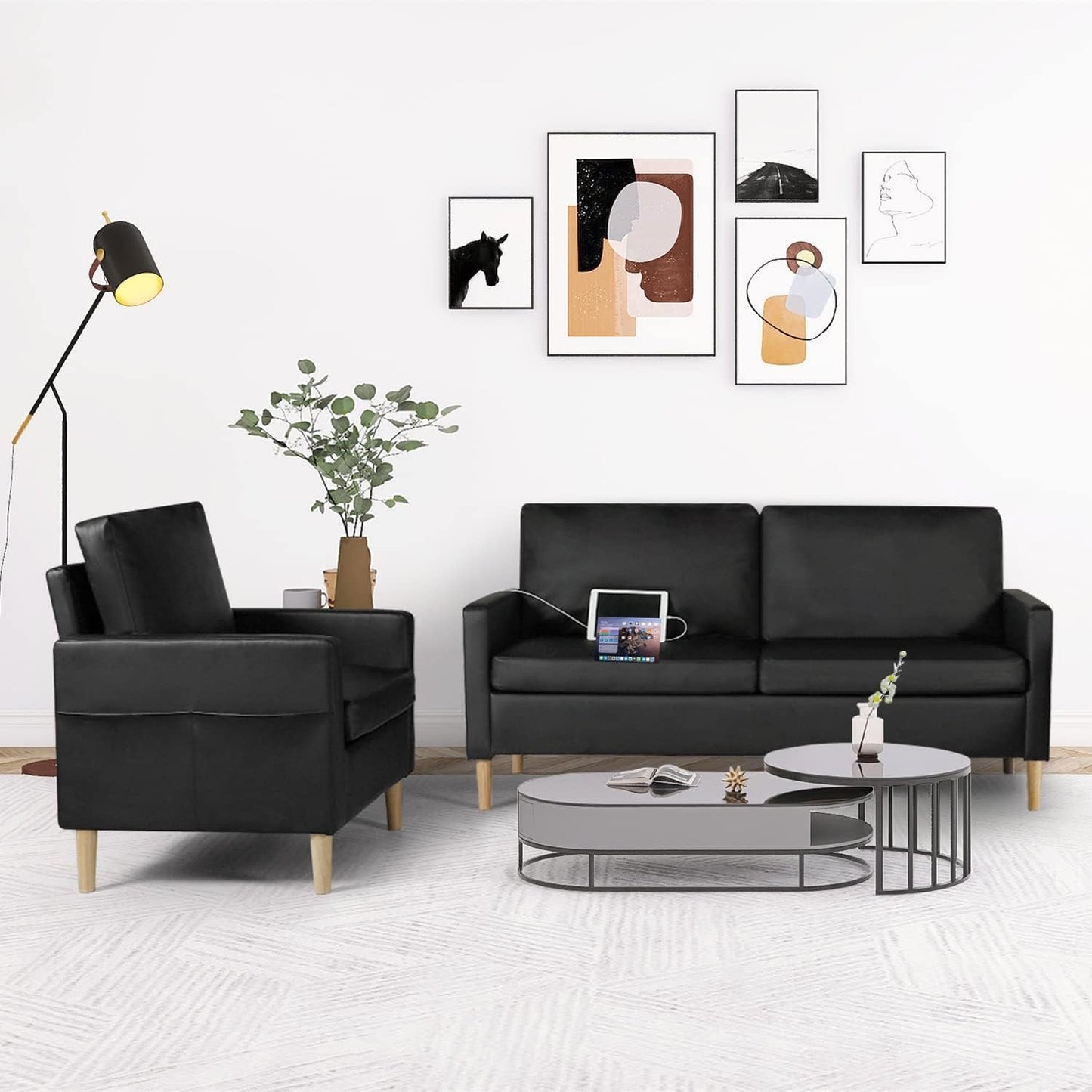 Mid-Century Sectional Sofa Sets 2 Pieces Faux Leather Loveseat Couches with 2 USB Living Room Furniture Accent Arm Chairs for Small Space, Apartment, Office (Black, 1-Seater+3-Seater)-1