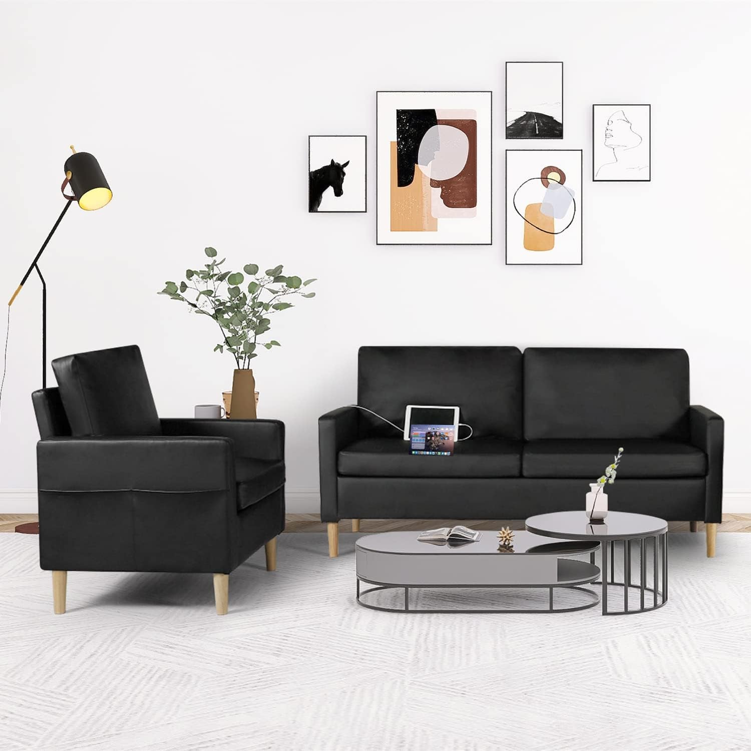 Mid-Century Sectional Sofa Sets 2 Pieces Faux Leather Loveseat Couches with 2 USB Living Room Furniture Accent Arm Chairs for Small Space, Apartment, Office (Black, 1-Seater+3-Seater)-1
