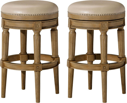 Pullman 31 Inch Tall Bar Height Upholstered Backless Barstool, Weathered Oak Finish with Avanti Brown Vegan Leather Cushion Seat, Set of 2-0