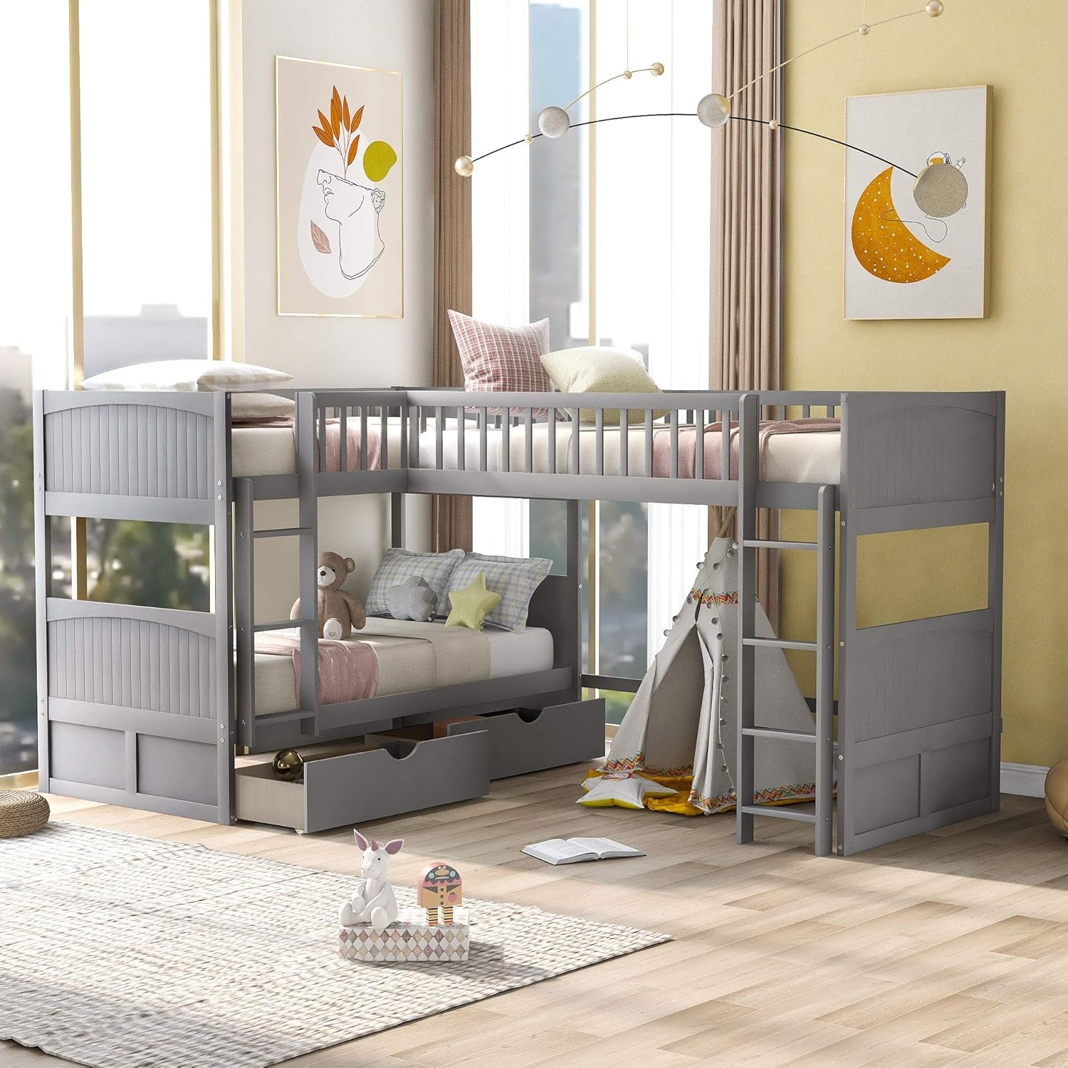 Triple Bunk Bed for Kids L Shaped Bunk Bed Solid Wood Twin over Twin over Twin Bed with 2 Drawers and 2 Ladders, No Box Spring Needed, Gray-0