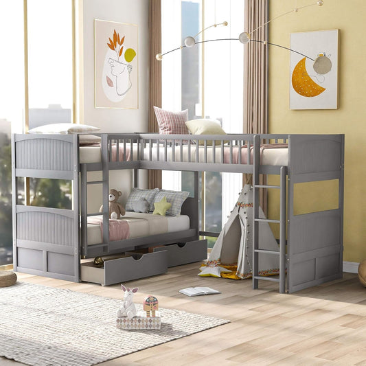Triple Bunk Bed for Kids L Shaped Bunk Bed Solid Wood Twin over Twin over Twin Bed with 2 Drawers and 2 Ladders, No Box Spring Needed, Gray-0