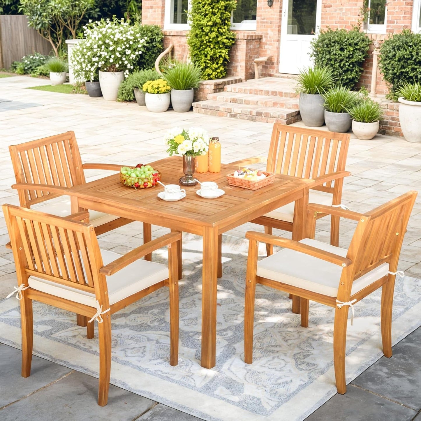 5 Piece Patio Dining Set Outdoor Solid Wood Furniture for Yard, Garden, Porch W/Square Tabletop & 4 Chairs, White-1
