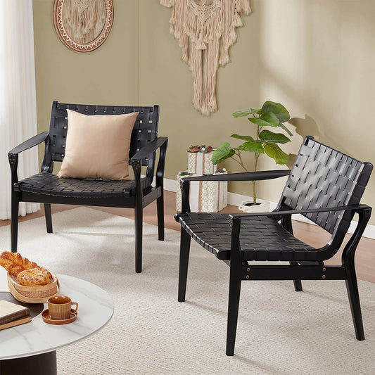 Scandinavian Woven Leather Chair with Boho Accent-0