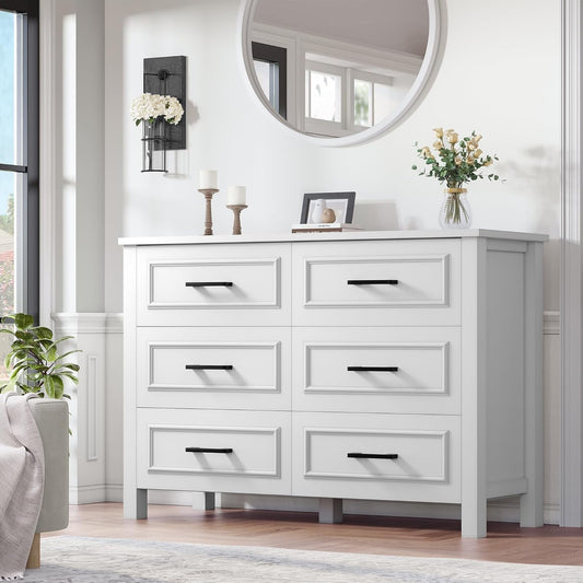 6-Drawer Dresser with Built-In Power Outlet, Wood Dresser TV Stand with 6 Large Drawers and Bar Handles, White Dresser Chest of Drawers for Living Room, Hallway, Entryway-1