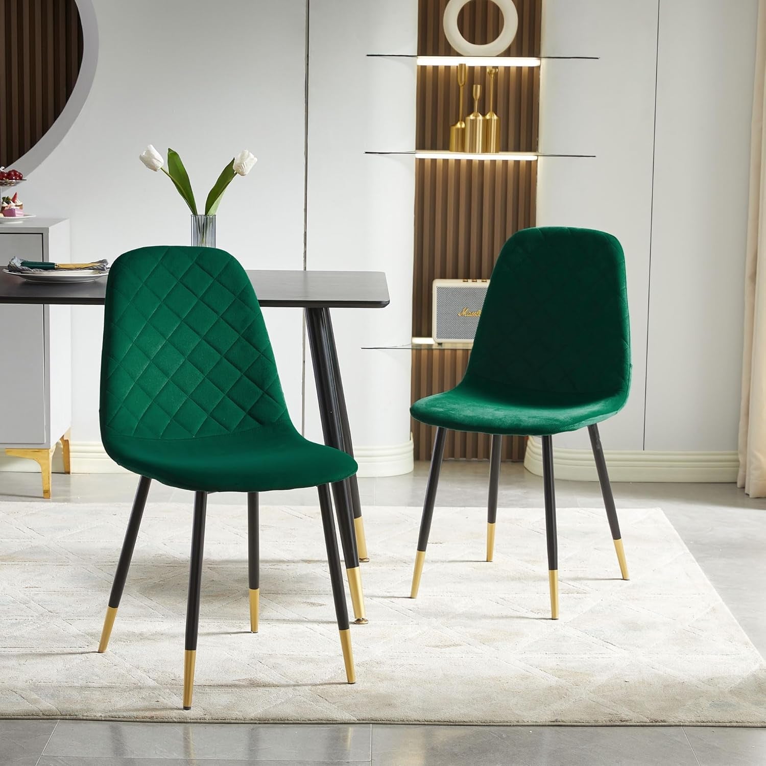 Velvet Dining Chairs Kitchen Plain Color Chair Upholstered Side Stools with Backrest Metal Legs Set of 4, Kelly Green-2