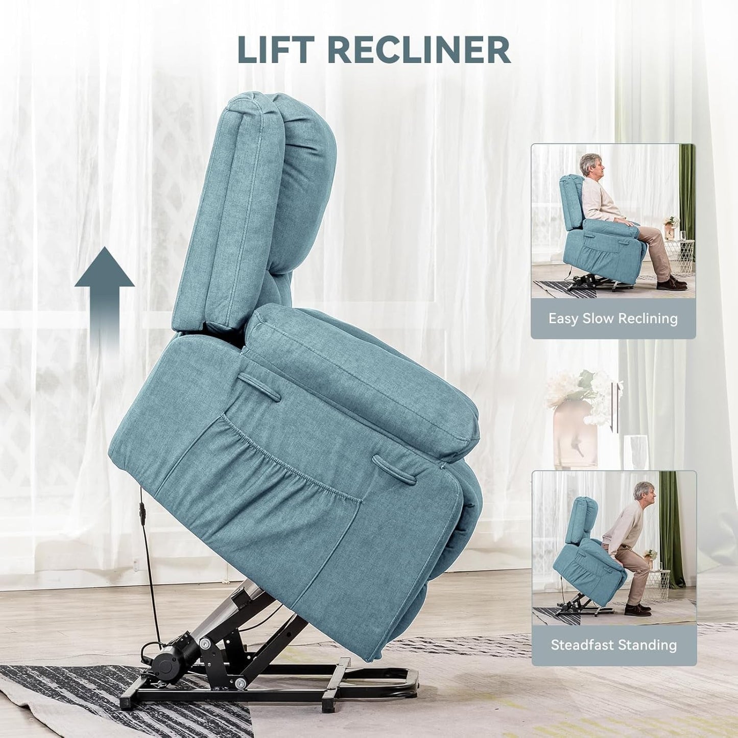 Electric Power Lift Chairs Recliners for Elderly,Recliner Chair with Massage and Heat,2 Side Pockets, Fabric(Blue)-3