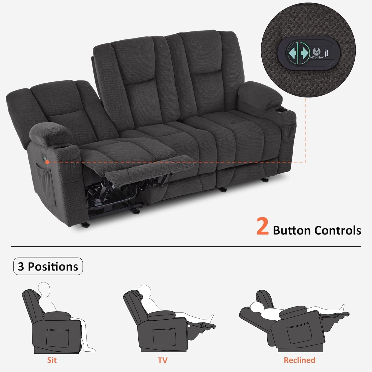 Power Reclining Sofa with Heat and Vibration,Usb Ports, Cup Holders,3-Seat Dual Recliner Sofa for Living Room 6015 (Gray)-3