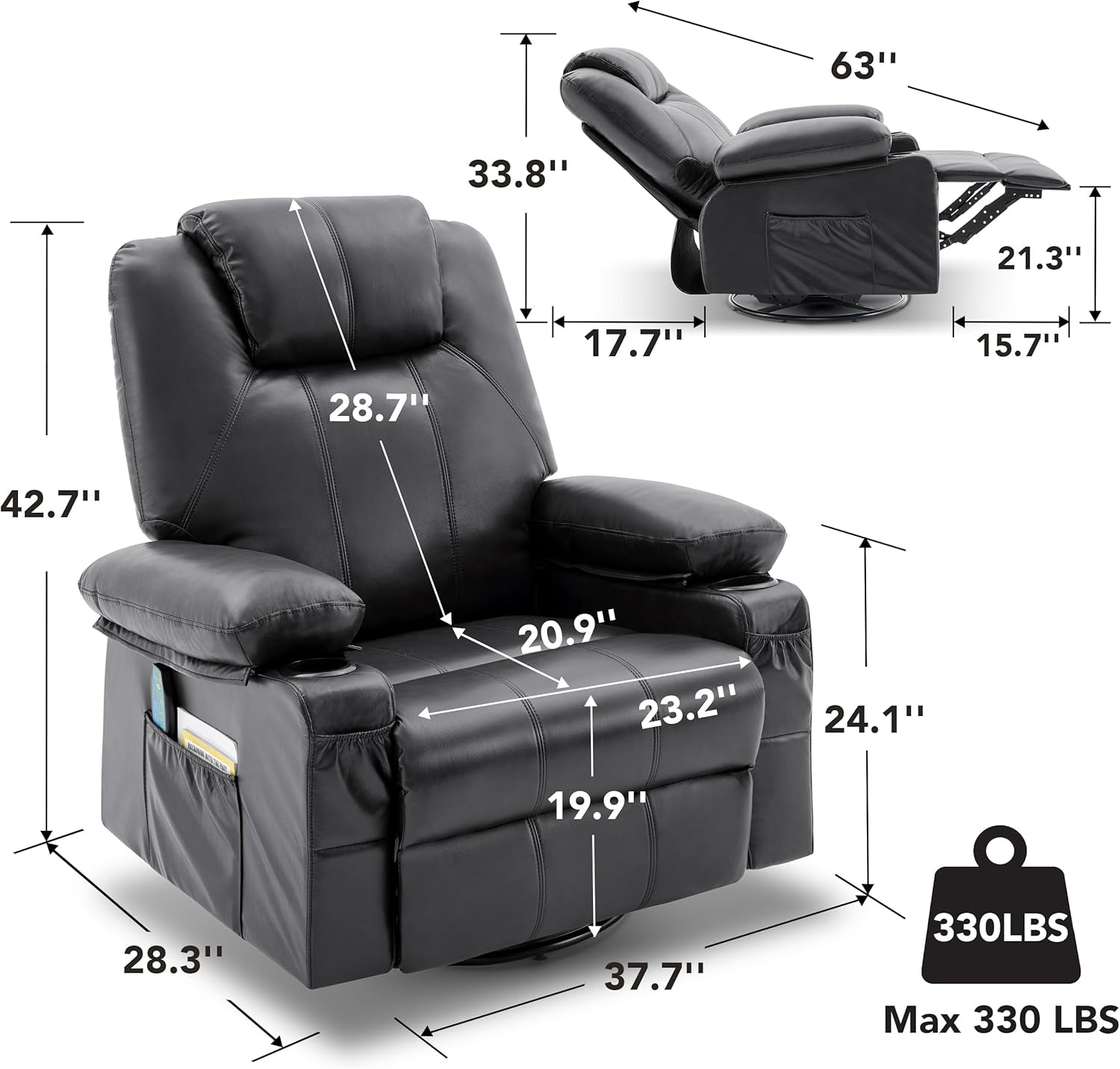 Oversized Swivel Rocker Recliner Chair with Heat and Massage, 360 Degree Swivel Rocking Single Sofa with Cup Holders and USB Port, Big Large Recliner Chair for Living Room (Leather, Black)-1