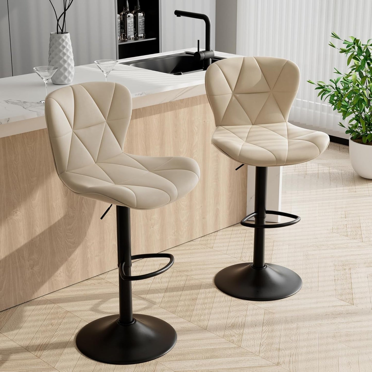 Bar Stools Set of 2,Adjustable Swivel Barstools, Faux Leather Bar Chairs,Upholstered Counter Height with High Backrest for Kitchen Island,Khaki-0