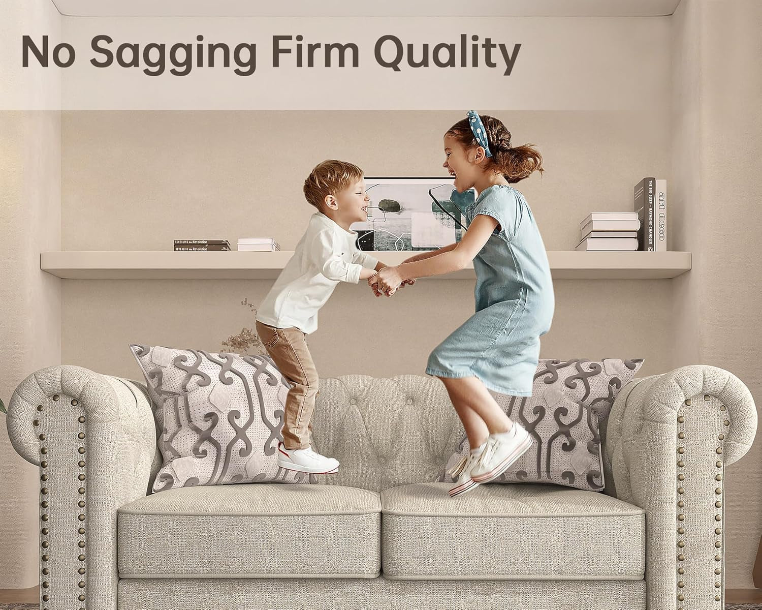 3 Piece Classic Chesterfield 6-Seater Set, Tufted Chair & Loveseat & Sofa Solid Wood Legs Thick Cushion, Pet-Friendly Couch Set Furniture for Living Room Bedroom Apartment, Linen Beige-2