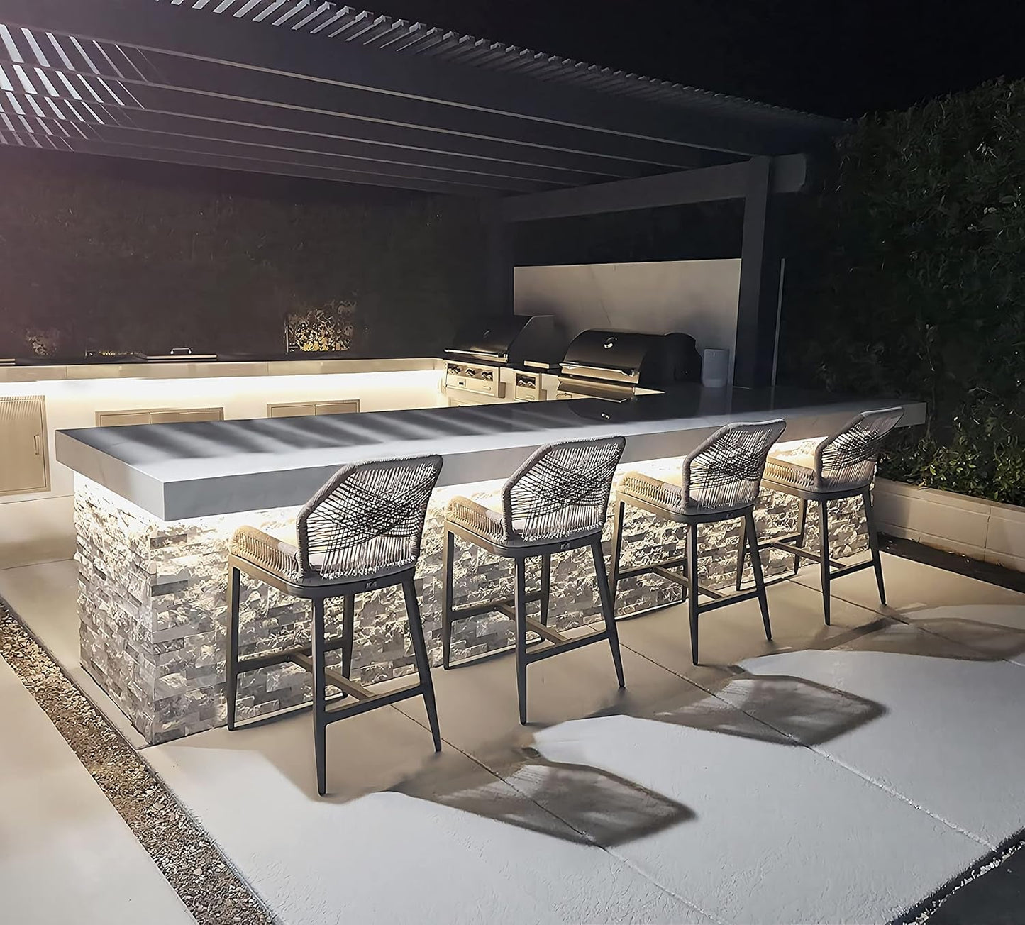 Counter Height Bar Stools Set of 4 Woven Aluminum Modern Barstools with Back and Arms for Patio Balcony Pool Accent Outdoor Kitchen Counter Stool Chairs-0