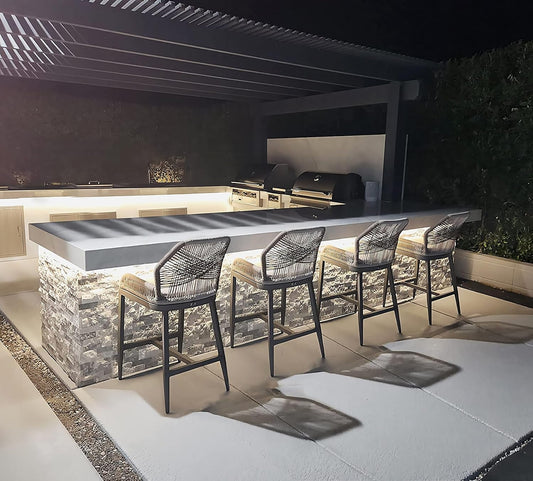 Counter Height Bar Stools Set of 4 Woven Aluminum Modern Barstools with Back and Arms for Patio Balcony Pool Accent Outdoor Kitchen Counter Stool Chairs-0