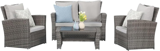 4 Piece Outdoor Patio Furniture Sets, Wicker Conversation Set for Porch Deck, Gray Rattan Sofa Chair with Cushion-0