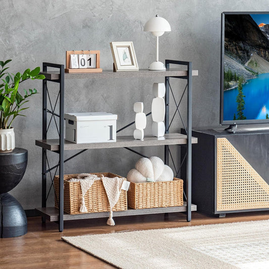 Bookshelf, 3-Tier Industrial Bookcase, Rustic Open Book Shelf, Freestanding Horizontal Bookshelves with Metal Frame-1