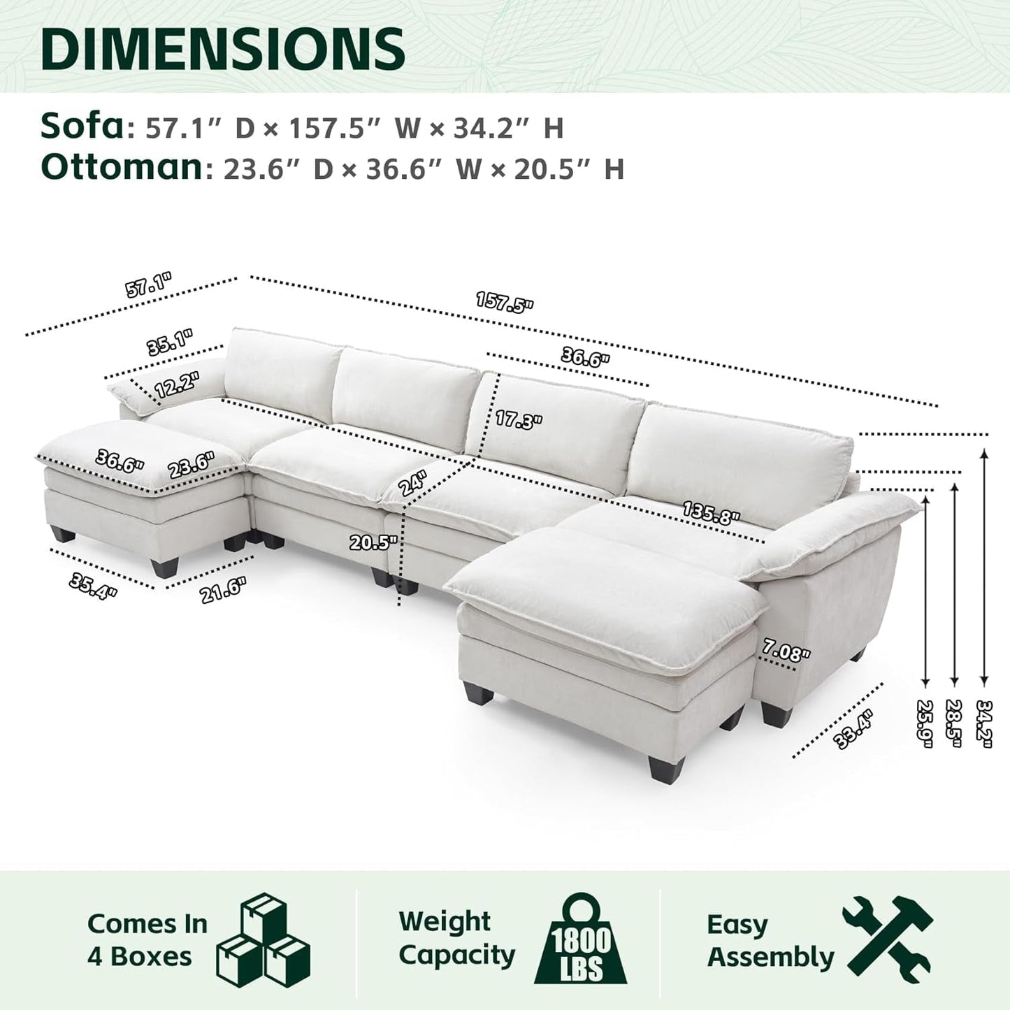 Beige White 157" U-Shape Modular Cloud Couch Set-1