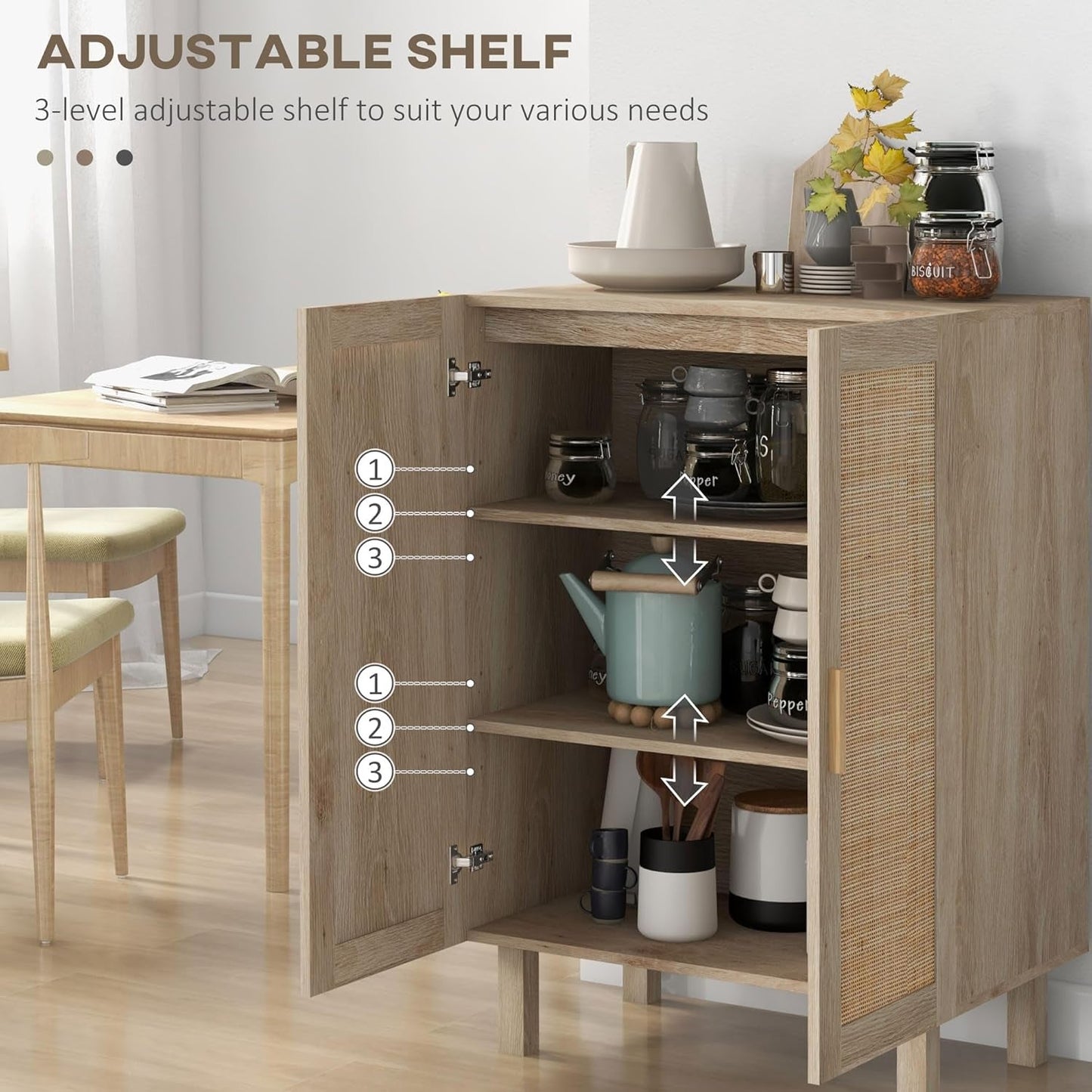 Sideboard Buffet Cabinet, Kitchen Cabinet, Coffee Bar Cabinet with 2 Rattan Doors and Adjustable Shelves, Natural-4