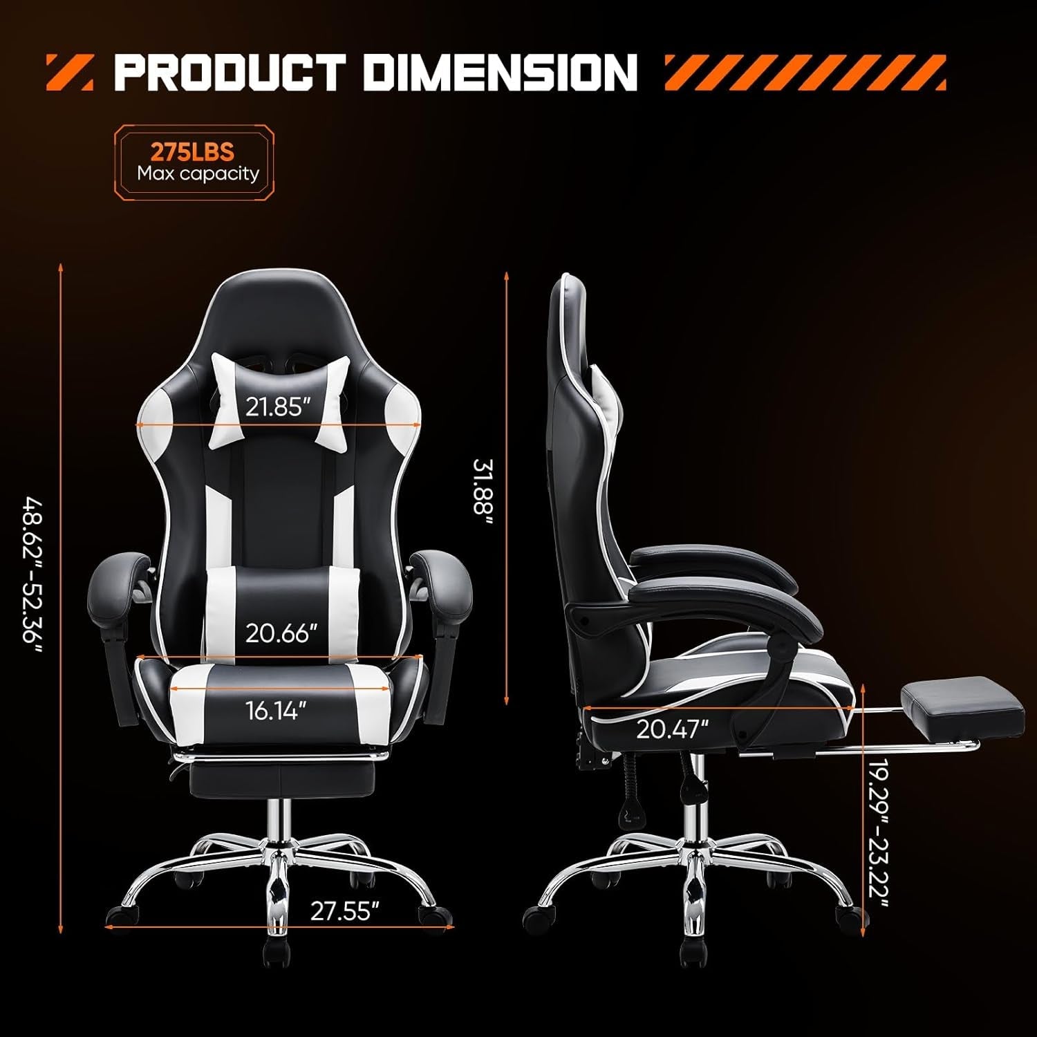 Video Game Desk Chair - Ergonomic Computer with Footrest and Comfy Lumbar Support, PU Leather Recliner with Headrest, Fixed up Armrest, Height Adjustable with 360° Swivel, White, Adults-2