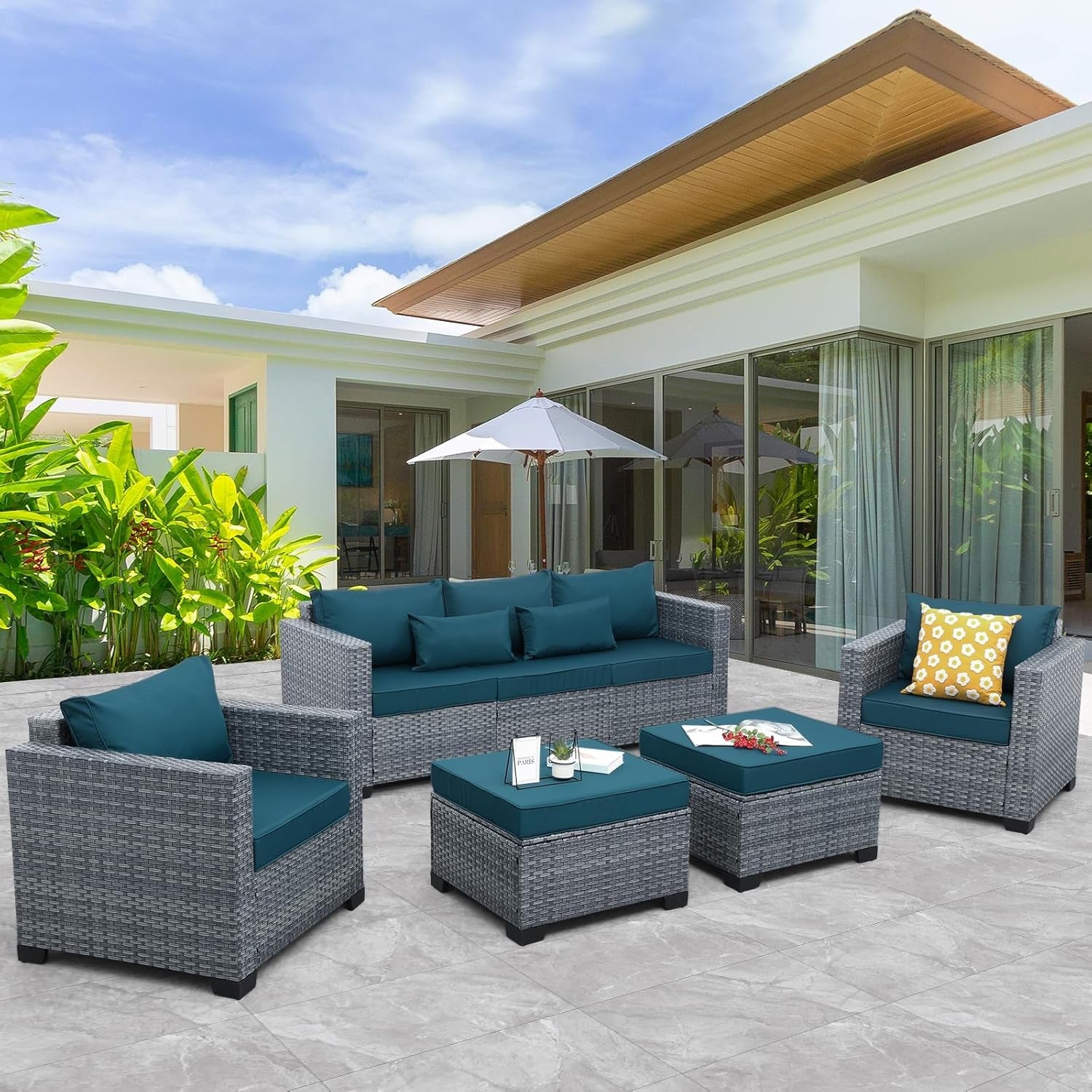 5 Piece Peacock Blue Wicker Patio Set-0