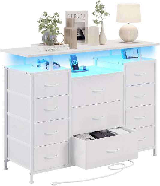 11 Drawers Dresser with Fabric Drawers,Charging Station, LED Lights and Shelves for Bedroom Storage Organization-0