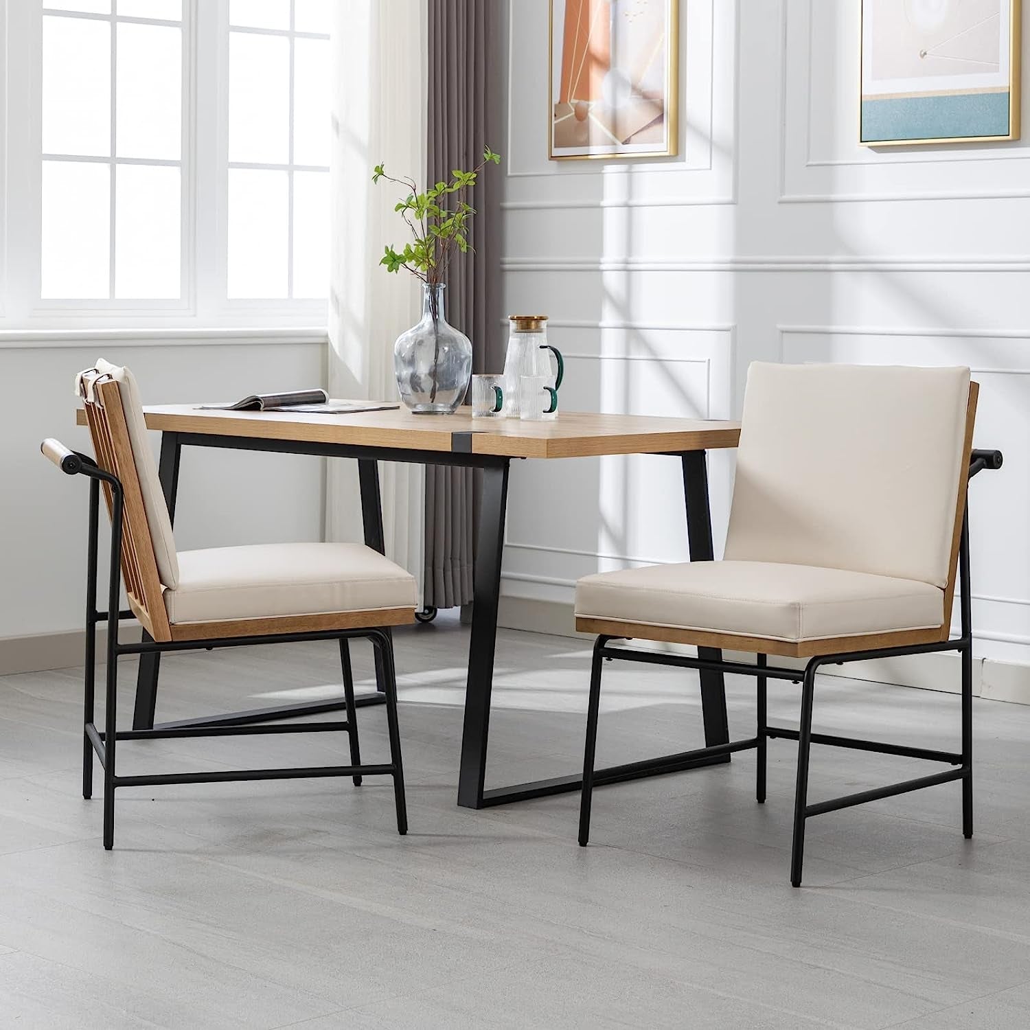 Mid Century Leather Dining Chairs Set of 2 in Beige-0